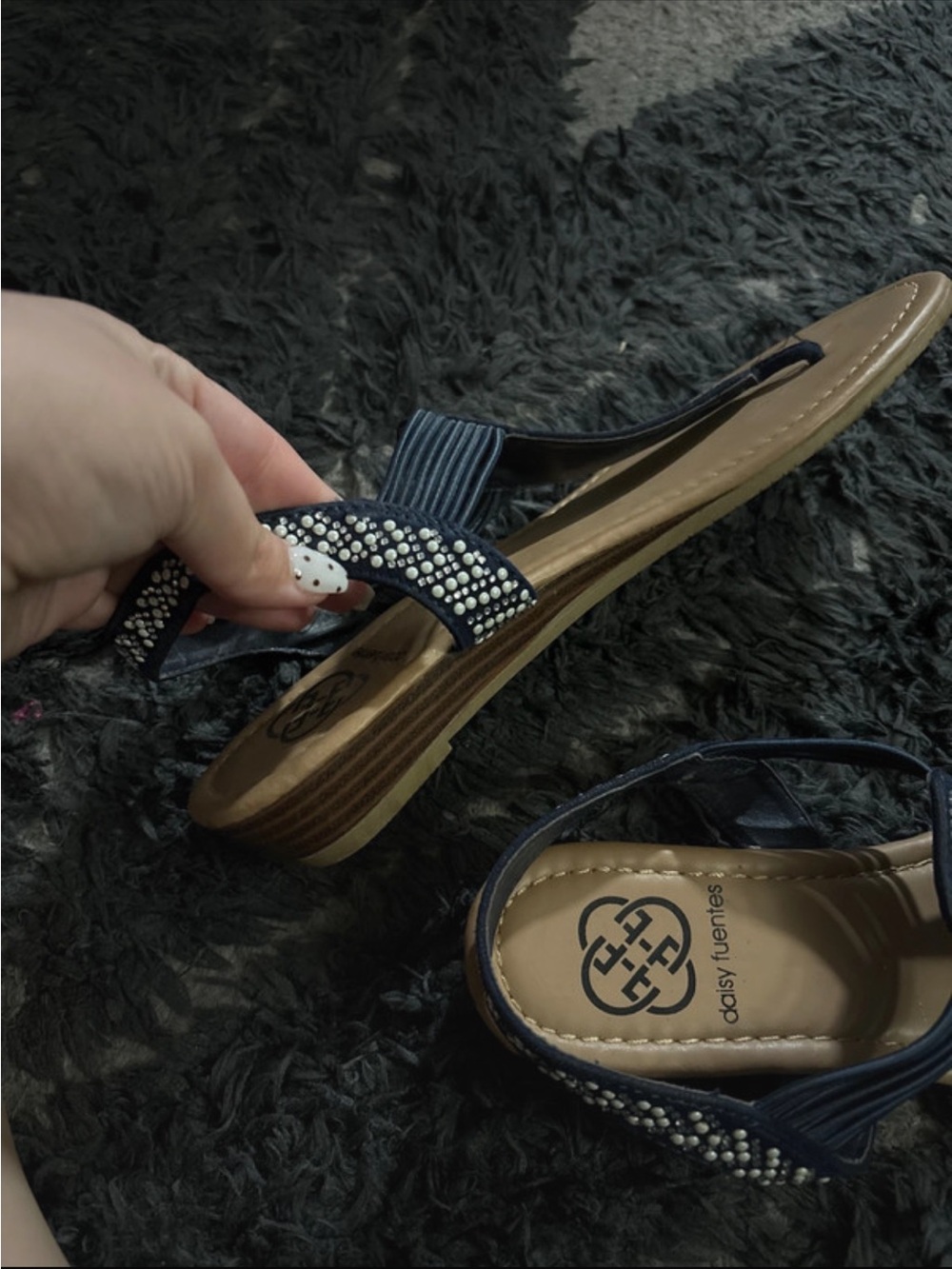 Daisy Fuentes Navy Rhinestone T-Strap Flat Sandals